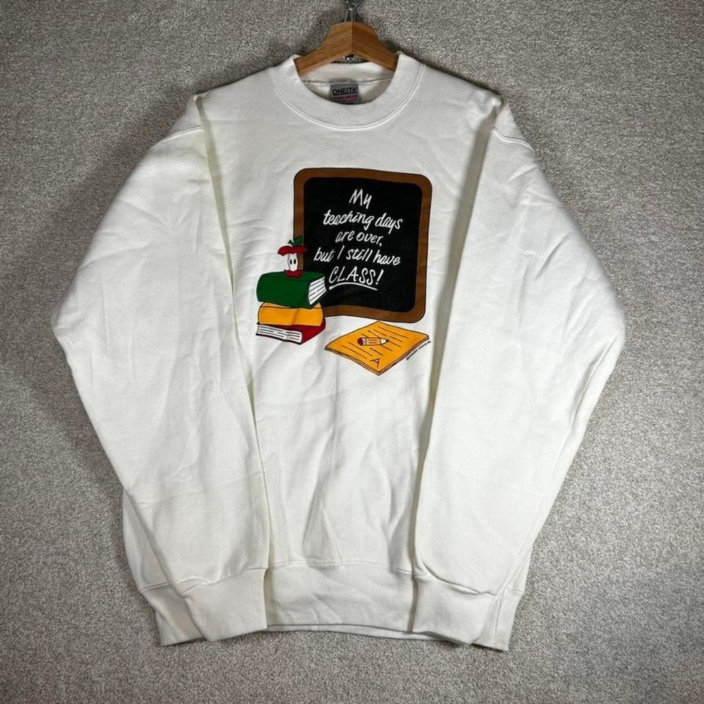 Vintage 90s oneita teacher humor white graphic crewneck sweatshirt